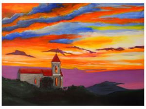 Voir le détail de cette oeuvre: Coti Chiavari: coucher de soleil sur l'Eglise St Jean Baptiste  